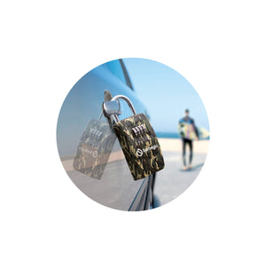 Surflogic Camo Maxi Key Vault Car Lock Box Secured on Car Door Handle and Surfer with Surfboard Walking to Beach