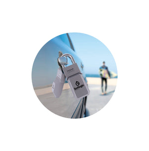 Surflogic Standard Silver Key Vault Car Key Security Lock Box Secured to Car Door and Surfer with Shortboard Walking to the Beach to go Surf